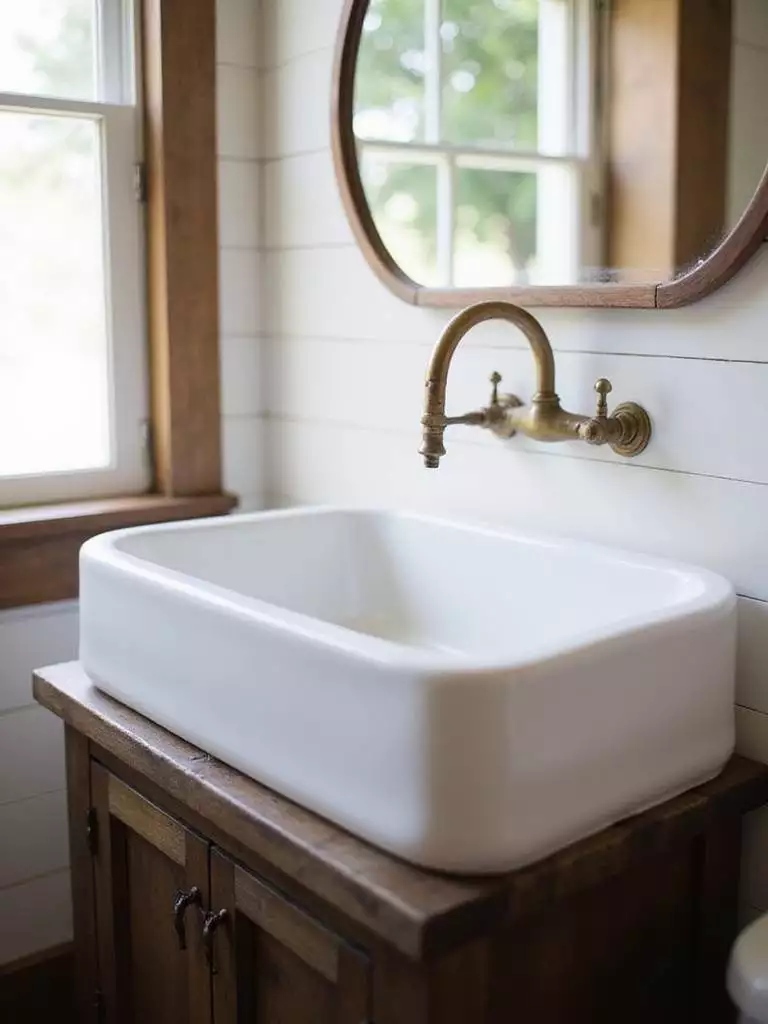 Rustic bathroom with white farmhouse sink and reclaimed wood vanity