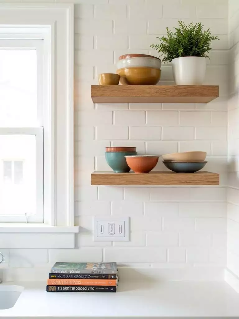 Modern kitchen with natural wood floating shelves displaying colorful bowls, herbs, and cookbooks.