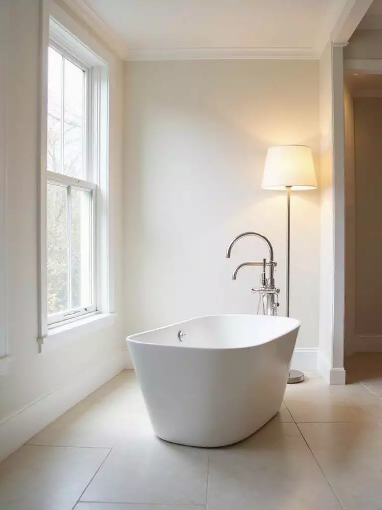 Modern bathroom with freestanding tub and elegant brushed nickel floor lamp.