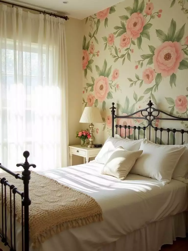 Vintage bedroom with floral wallpaper accent wall.