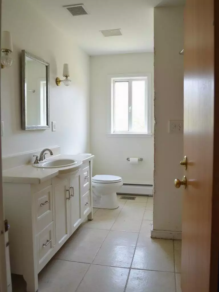 Partially renovated bathroom showing a newly updated vanity area alongside older fixtures, illustrating a phased renovation approach.