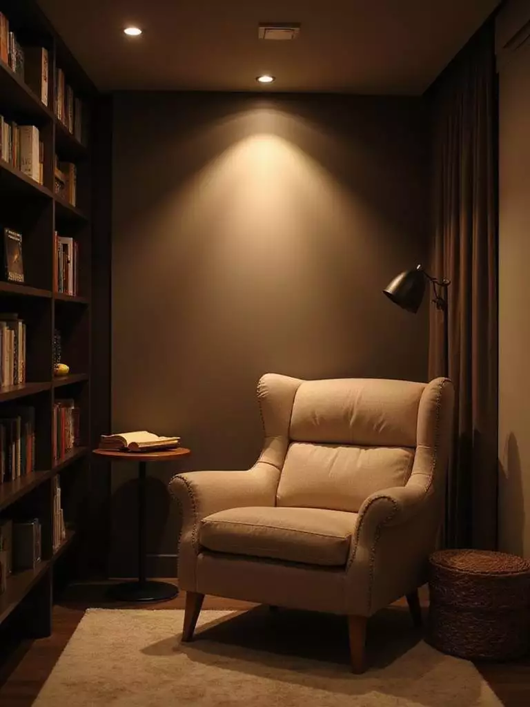 Modern living room reading nook illuminated by a focused downlight.