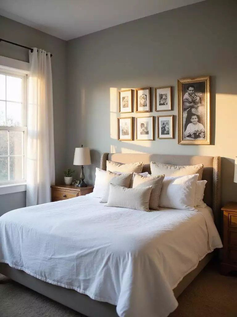 Farmhouse bedroom with gallery wall of family photos in vintage frames.