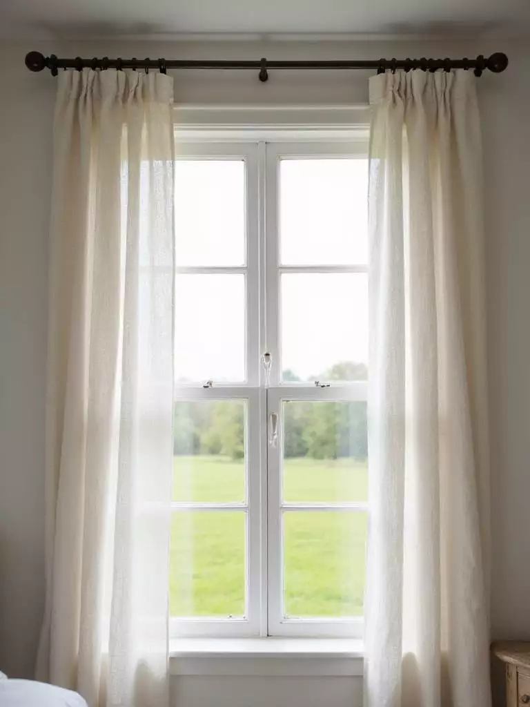 Farmhouse bedroom with linen curtains and natural light streaming through the window