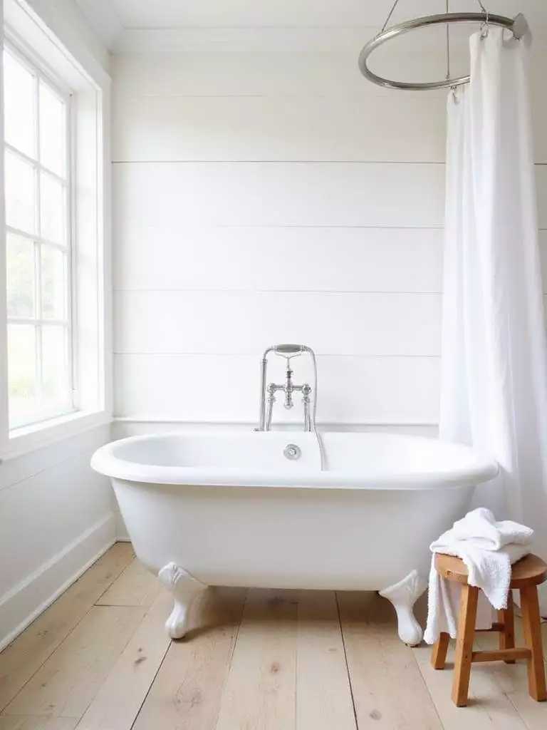 Farmhouse bathroom with white clawfoot tub and natural light