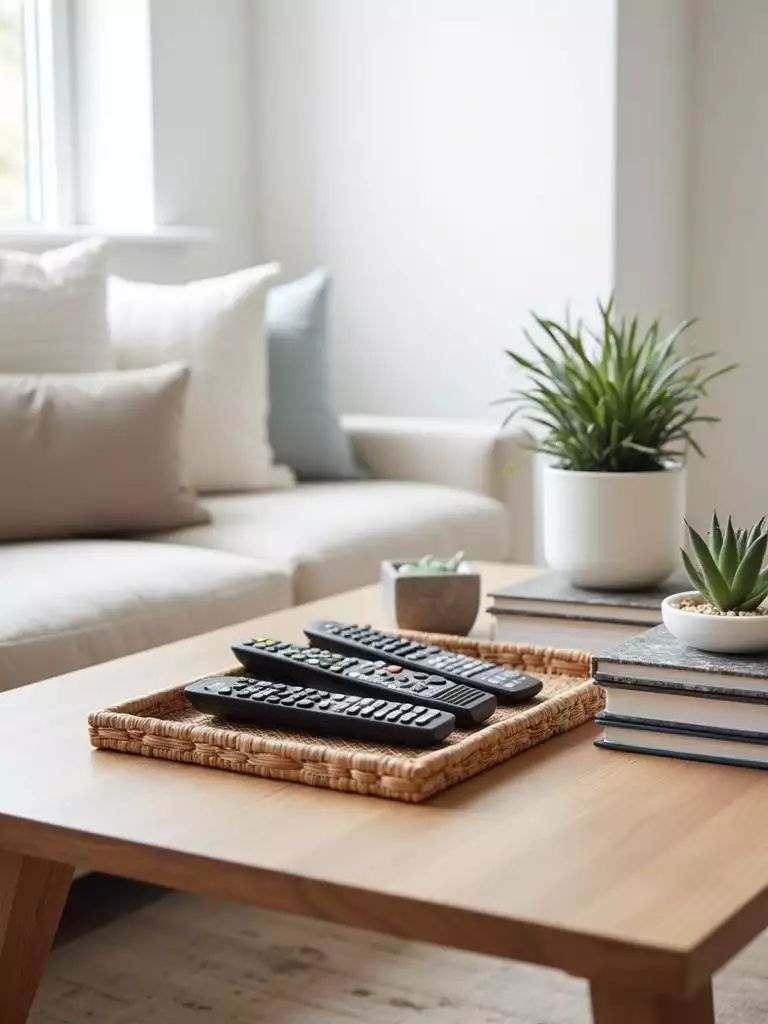 Coffee table styling: blending function with decorative elements like a tray, remotes, coasters, books, and a succulent.