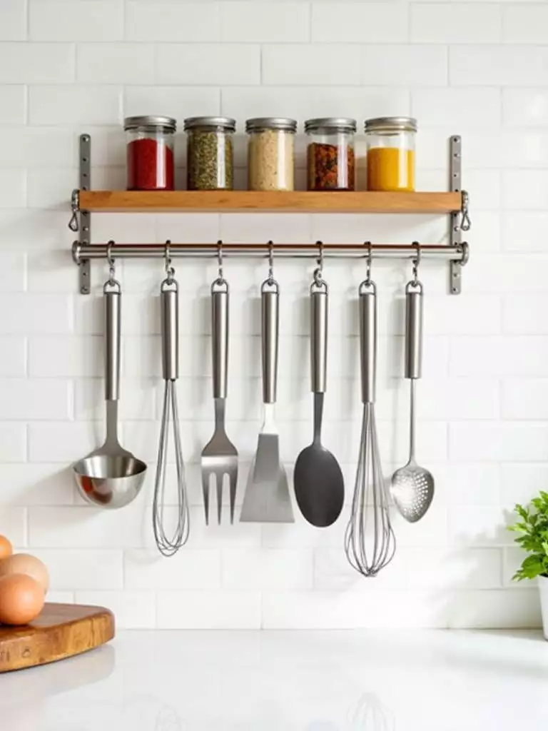 Functional utensil rack on kitchen wall with spices above