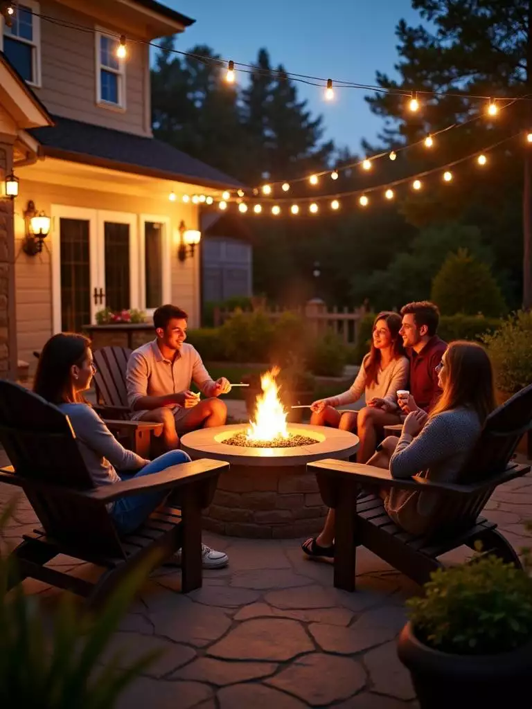 Cozy backyard patio with a crackling fire pit, Adirondack chairs, and string lights.