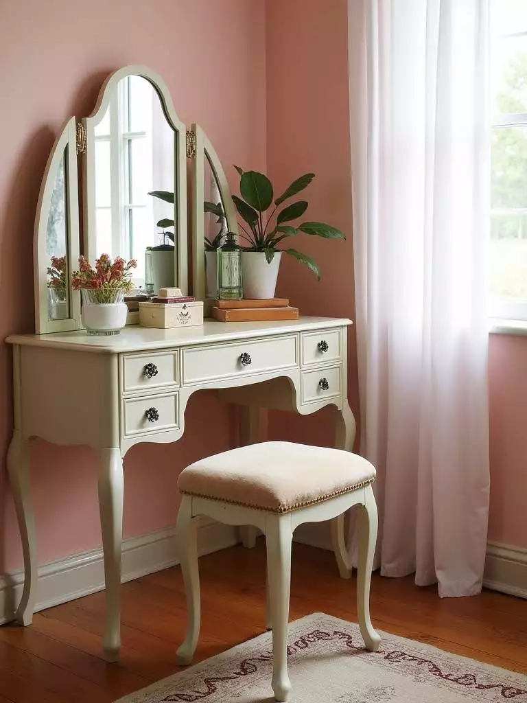 Vintage bedroom with Art Deco vanity table, velvet stool, and antique accessories.