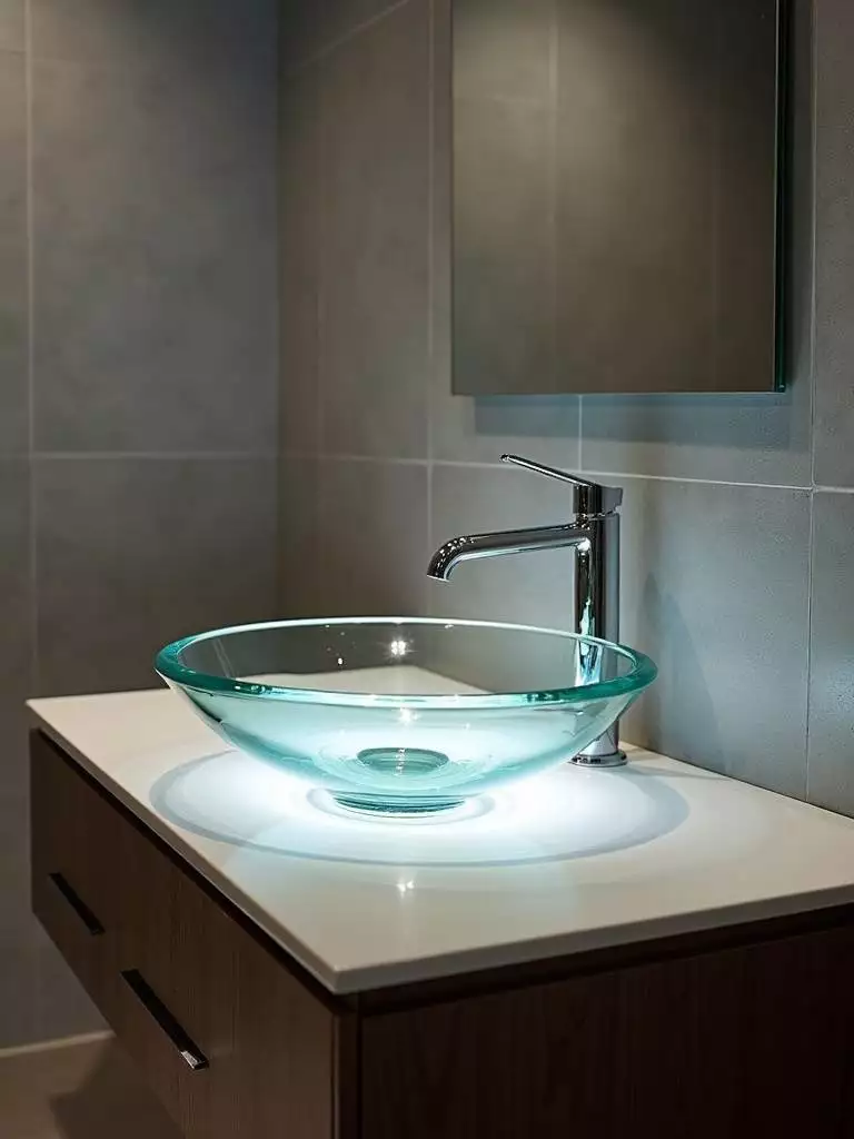 Modern bathroom with a clear glass vessel sink and illuminated base.