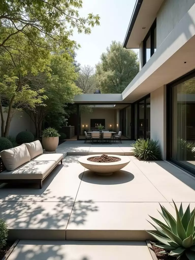 Modern minimalist backyard patio with sleek concrete design.