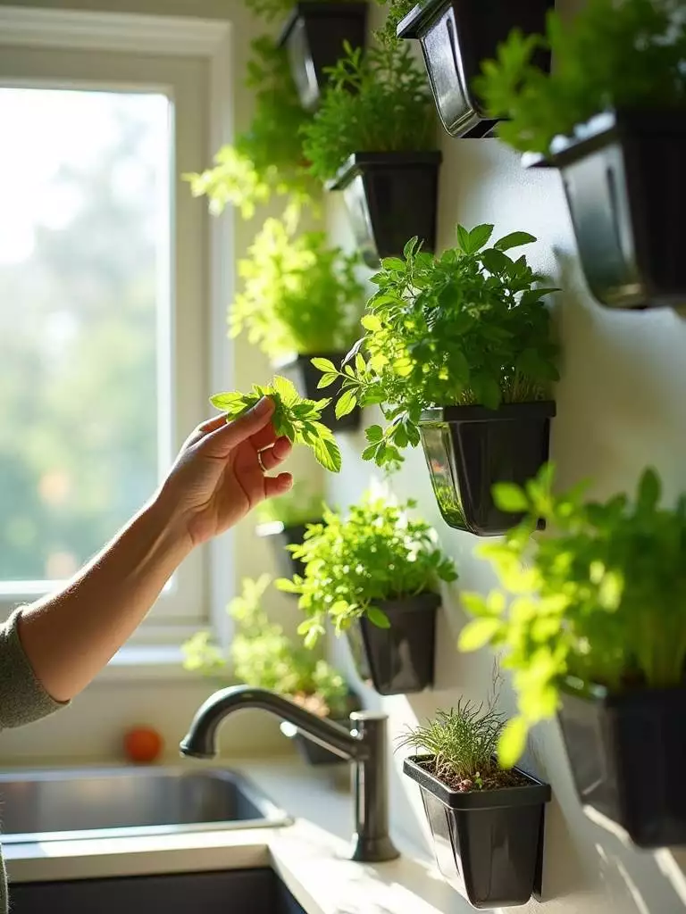 Kitchen wall decor: Vertical herb garden wall with fresh basil, mint, and parsley.