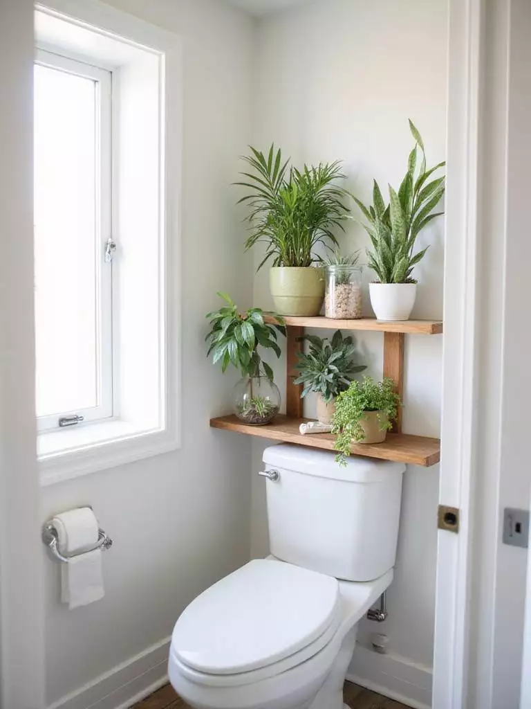 Over-toilet bathroom shelf with various potted plants creating a green oasis.