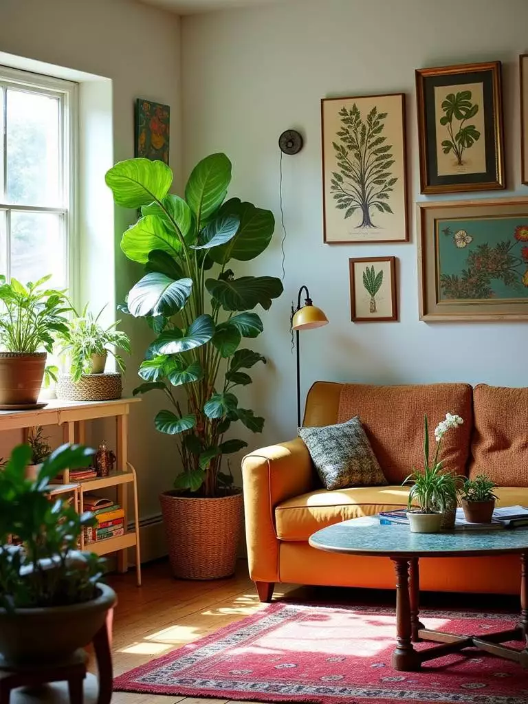 Eclectic living room with lush indoor plants and botanical accents.