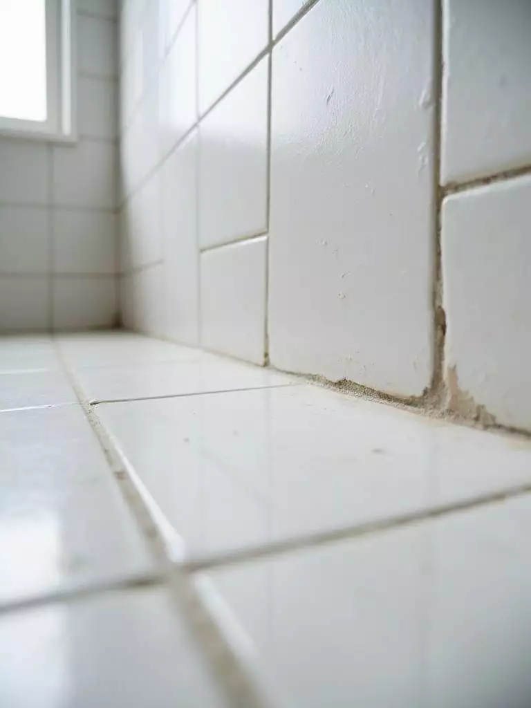Before and after comparison of dirty and clean grout in a bathroom.