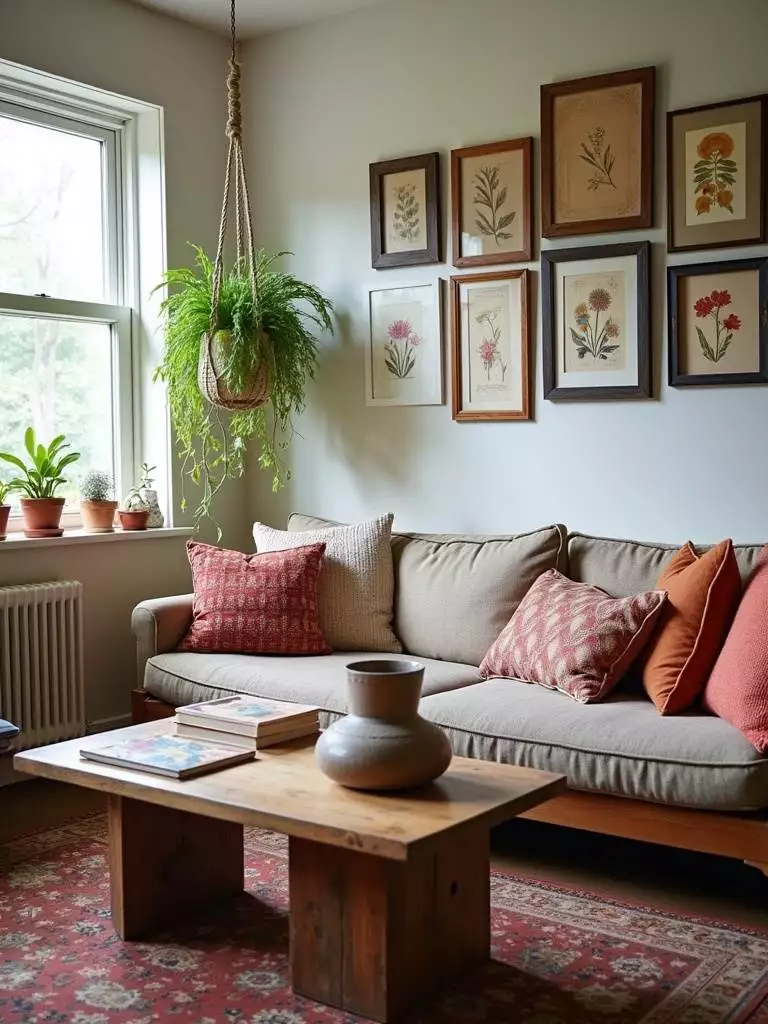 Eclectic living room featuring DIY decor like repurposed throw pillows, a macrame plant hanger, and a gallery wall of handcrafted art.
