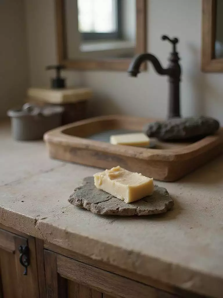 Handmade river stone soap dish on a rustic reclaimed wood bathroom vanity.