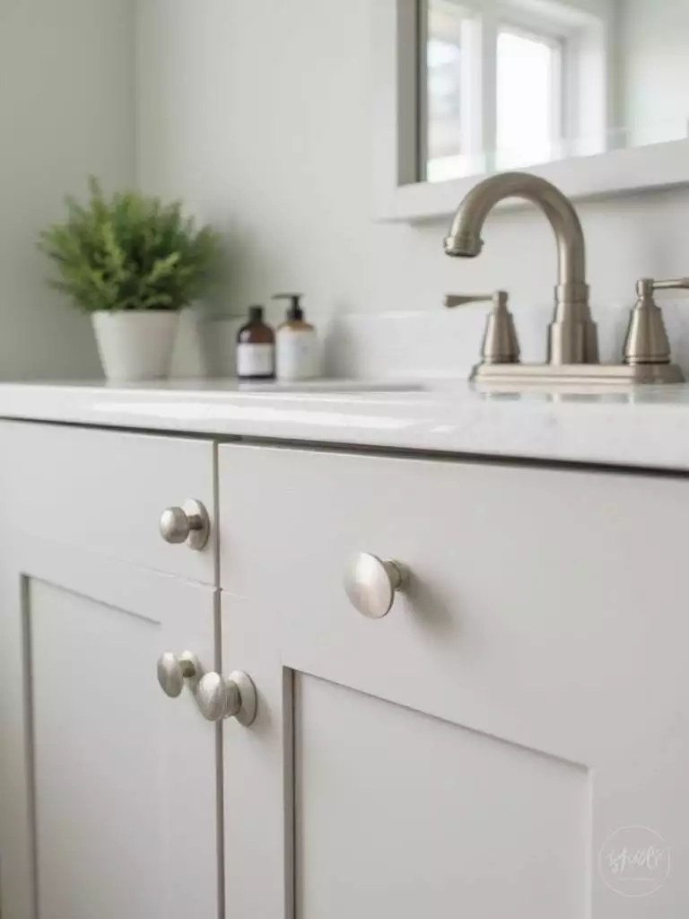 Updated brushed nickel cabinet hardware and modern faucet on a bathroom vanity.