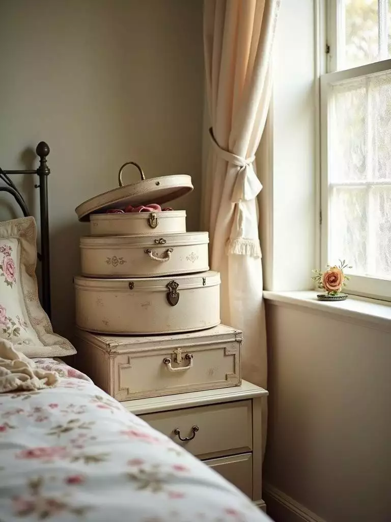 Stacked vintage hat boxes used as stylish storage in a vintage bedroom.
