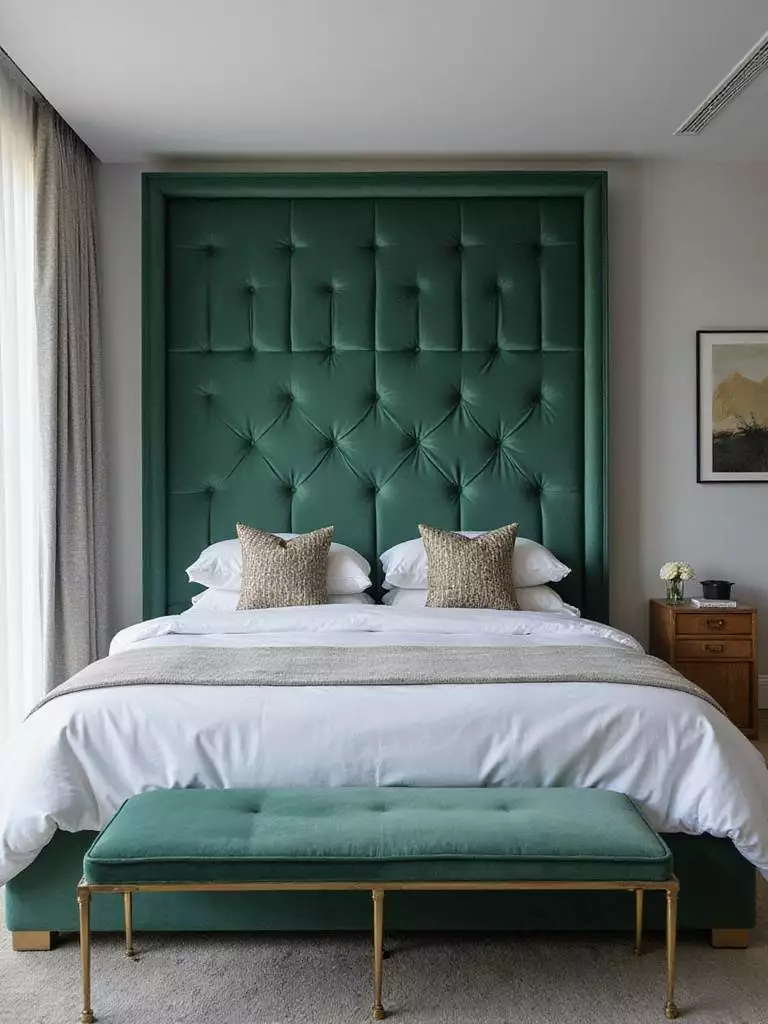 Emerald green velvet tufted headboard as focal point in modern bedroom