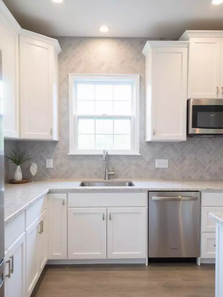 Contemporary kitchen with light gray matte herringbone tile backsplash