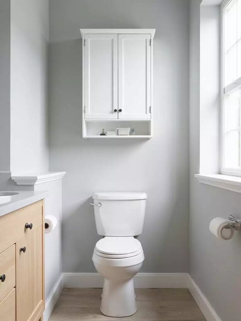 White over-toilet cabinet with doors in a modern bathroom