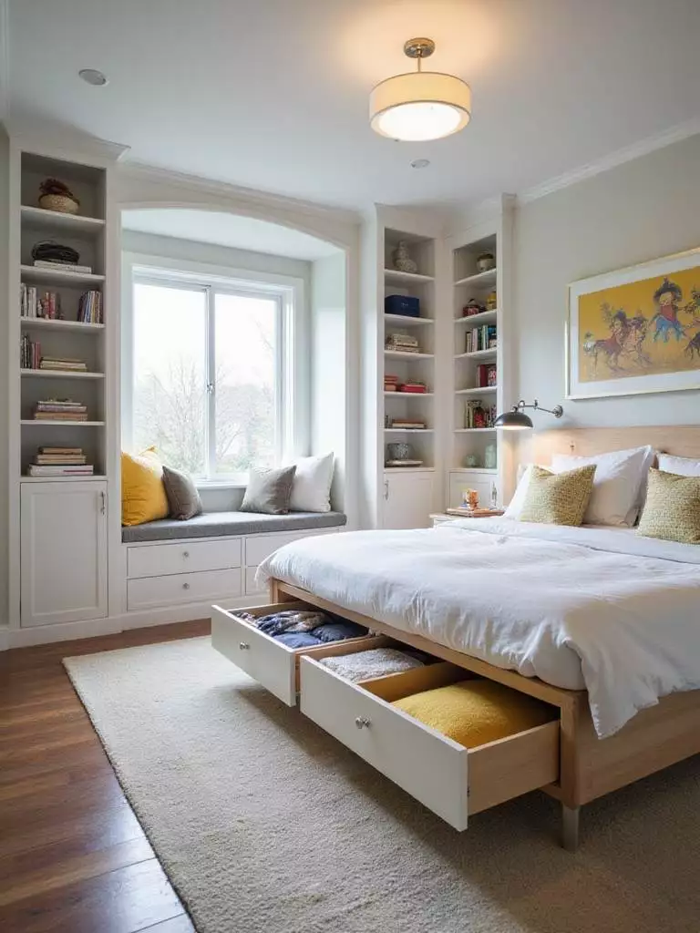 Modern bedroom featuring under-bed storage, window seat storage, and built-in shelves with hidden compartments.