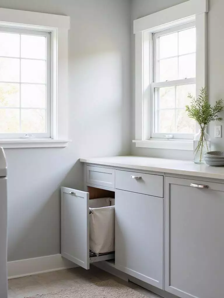 Modern laundry room with hidden tilt-out hamper integrated into gray cabinetry.