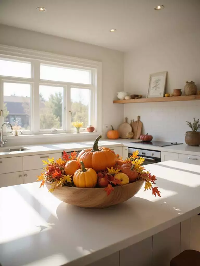 Kitchen island decorated with a vibrant fall centerpiece arrangement.