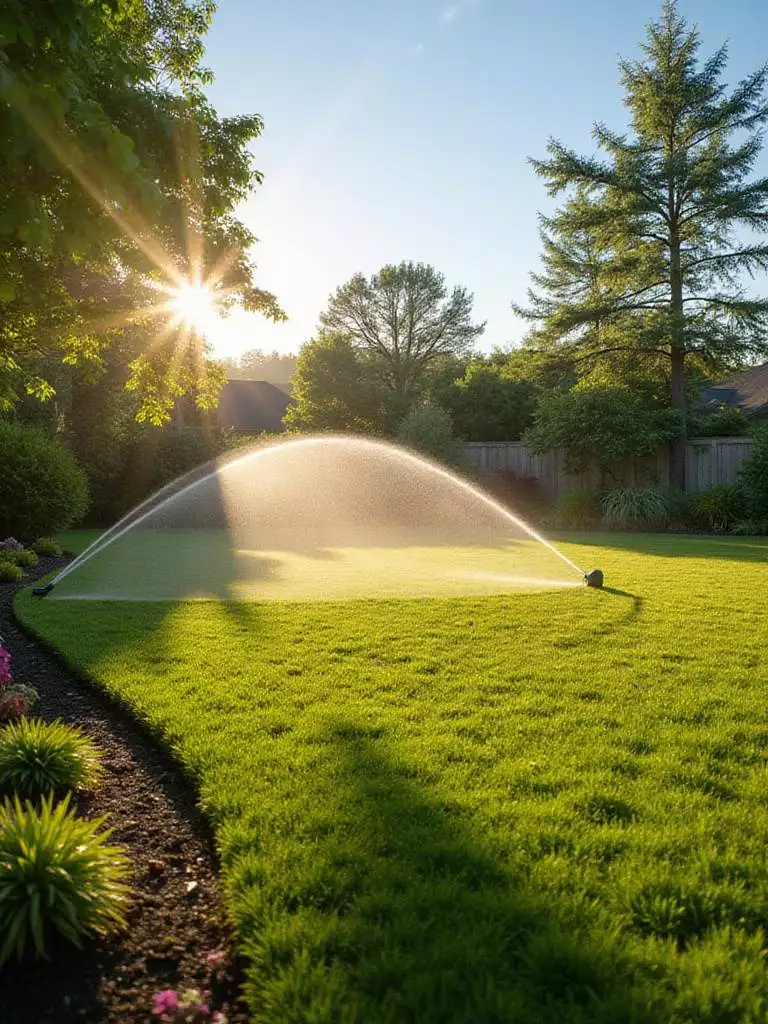Healthy green lawn being watered by sprinklers in the early morning sun.