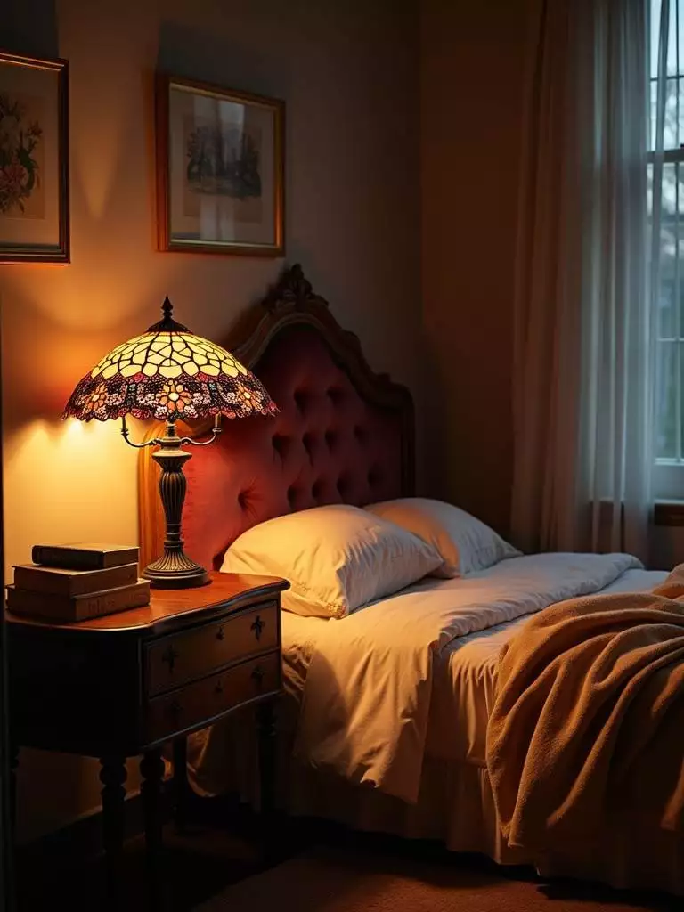 Vintage bedroom illuminated by Tiffany lamp and banker’s lamp, creating a nostalgic ambiance