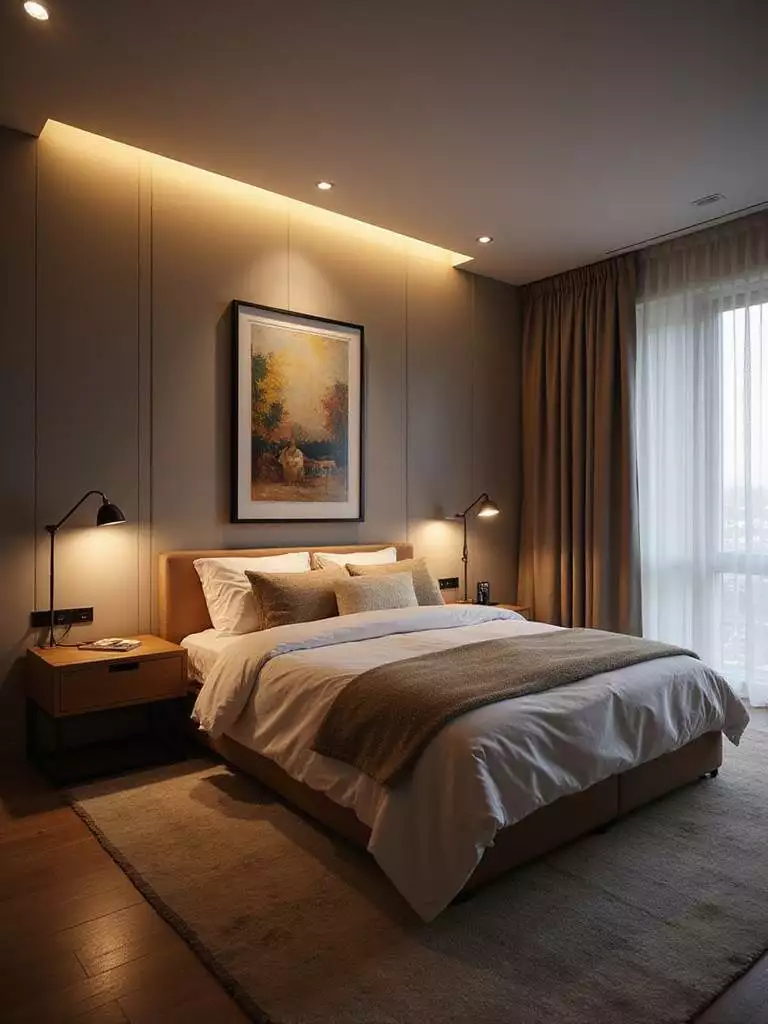 Bedroom with layered lighting showing ambient, task, and accent light sources.