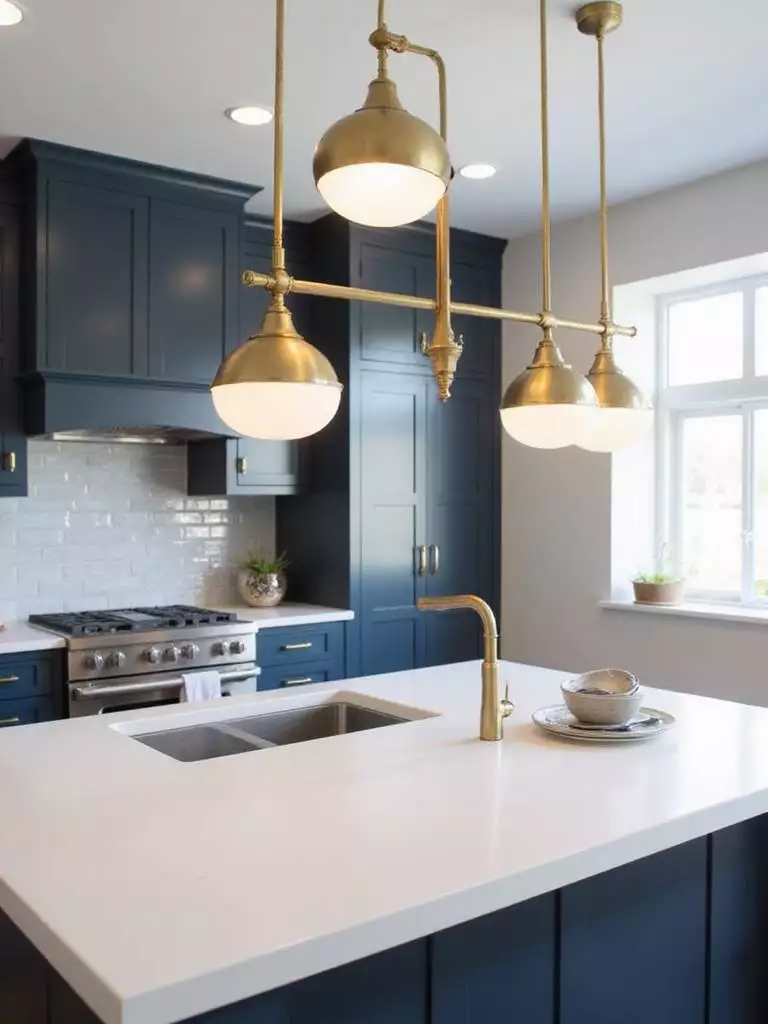 Kitchen island with three gold pendant lights illuminating a white countertop.