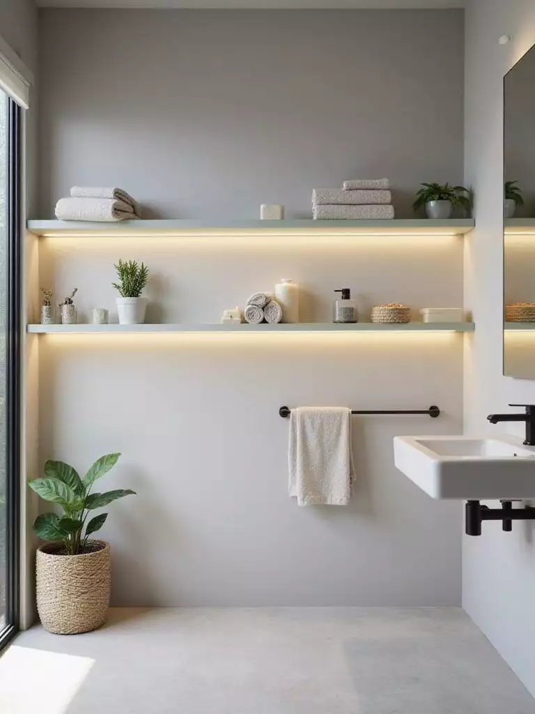 Bathroom with illuminated glass shelves displaying decorative items.