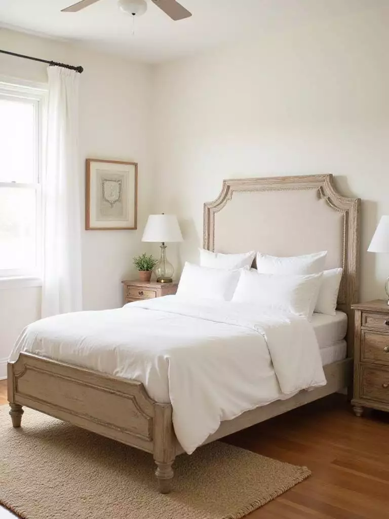 Farmhouse bedroom featuring a distressed wood bed frame and nightstands for a rustic and cozy aesthetic.