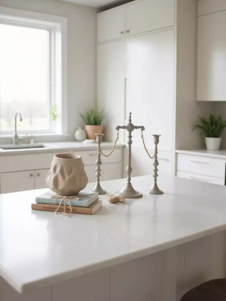 Kitchen island decorated with a ceramic sculpture, cookbooks, and a vintage candlestick holder.