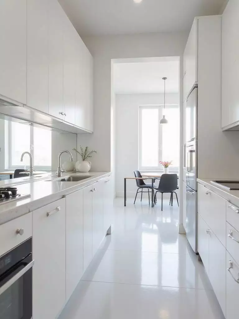 Small kitchen remodel with mirrored backsplash reflecting light and creating a sense of spaciousness
