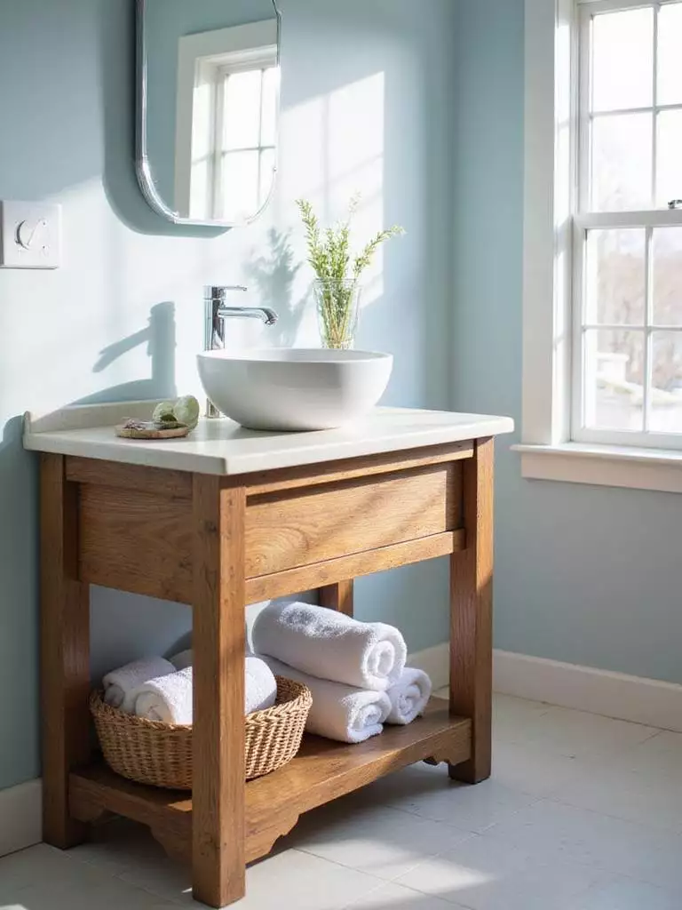 Coastal bathroom with reclaimed wood vanity and white vessel sink.