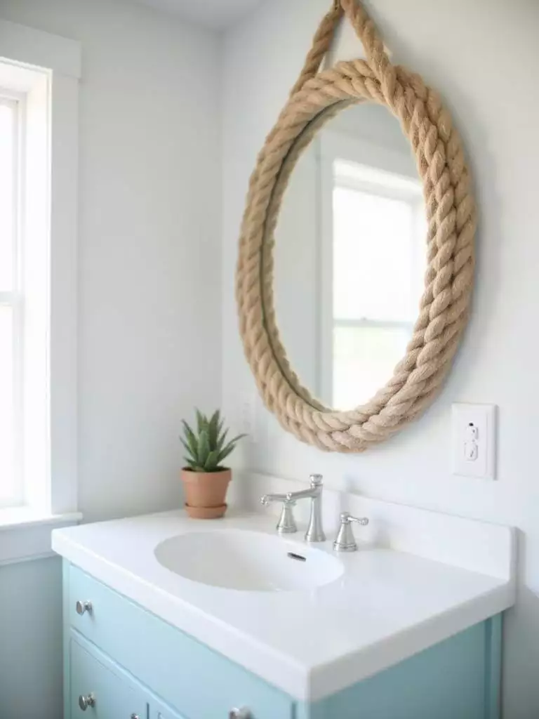Bathroom mirror framed with natural rope for a coastal accent