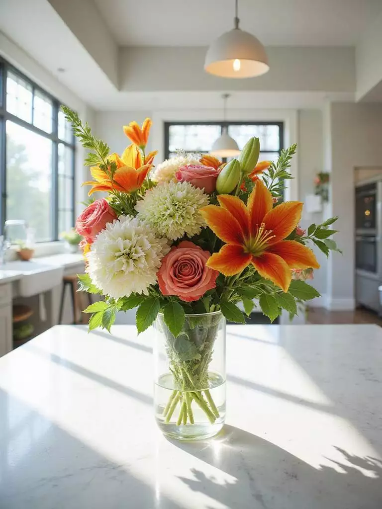 Kitchen island decorated with a vase of fresh flowers.