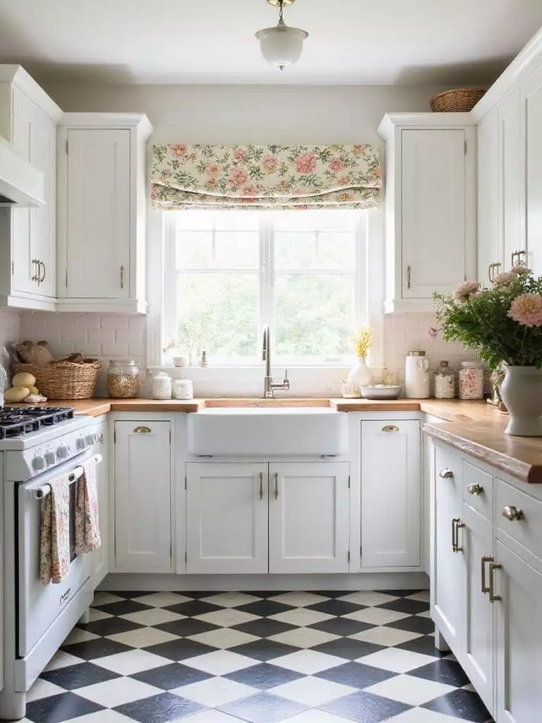 Cottage kitchen with checkered floor and floral patterned window shade.