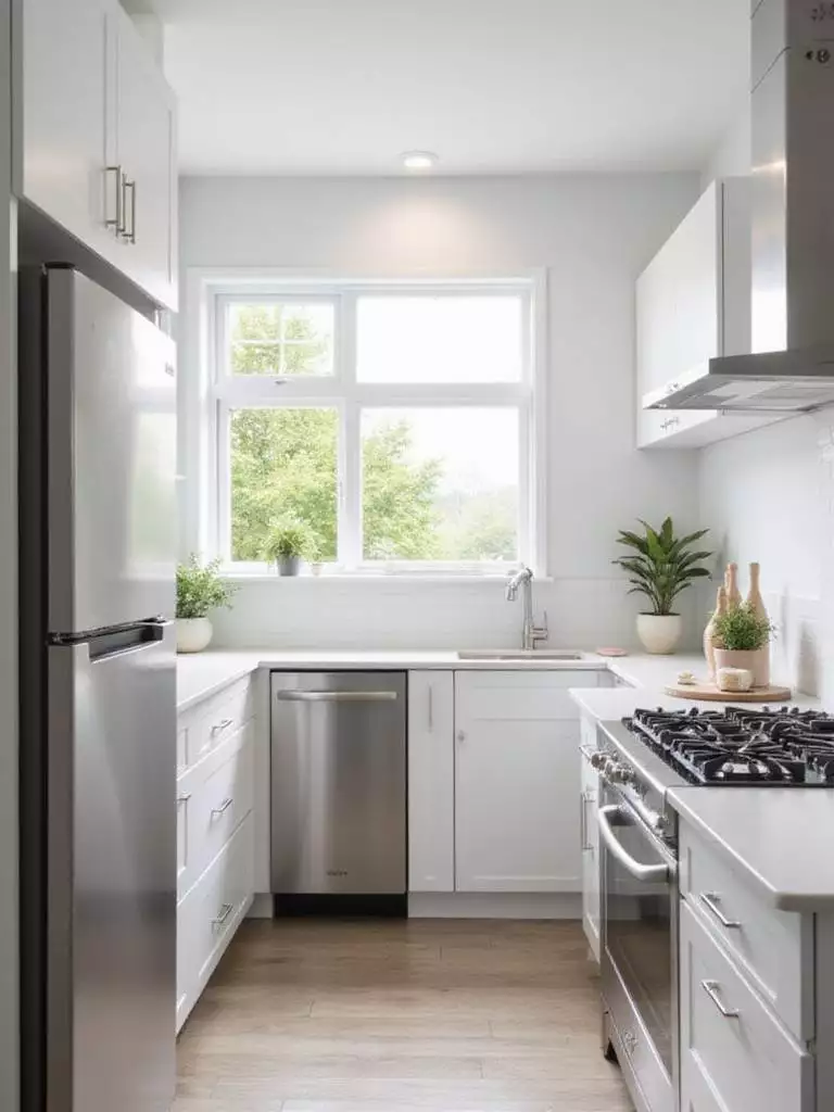 Small kitchen with compact refrigerator, slimline dishwasher, and induction cooktop.