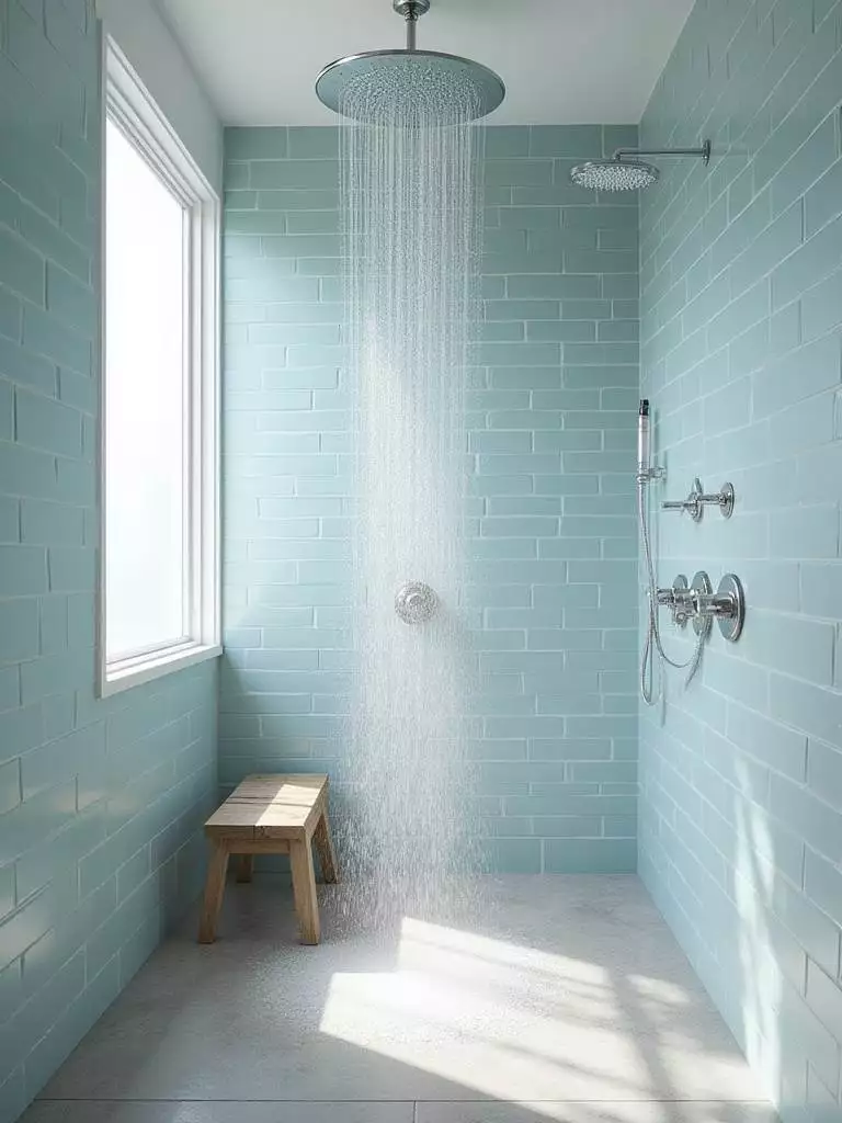 Coastal bathroom with rain showerhead and light blue tile