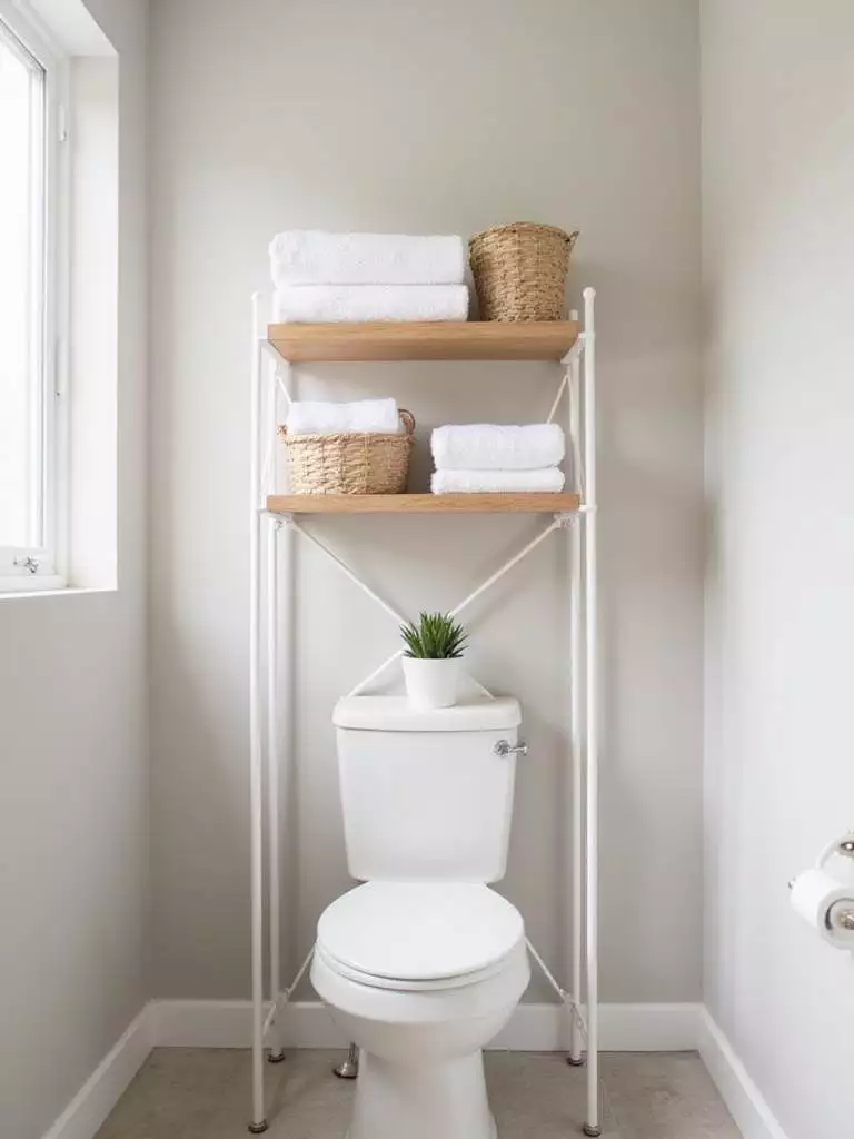 Modern bathroom with a freestanding over-toilet shelf for extra storage