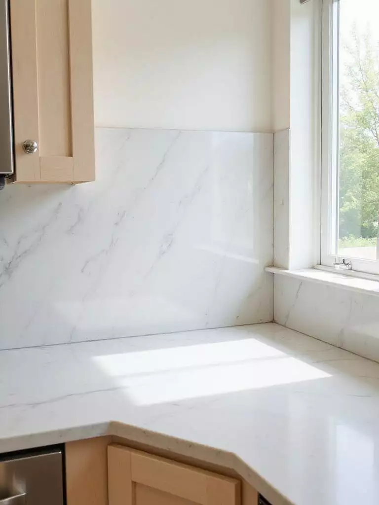 Modern kitchen with white quartz countertop and integrated backsplash for a seamless look
