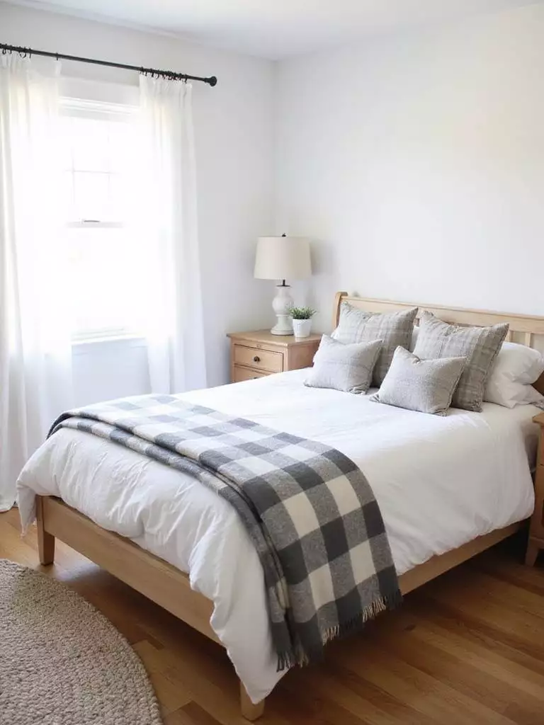 Farmhouse bedroom with buffalo check blanket and plaid pillows on the bed.