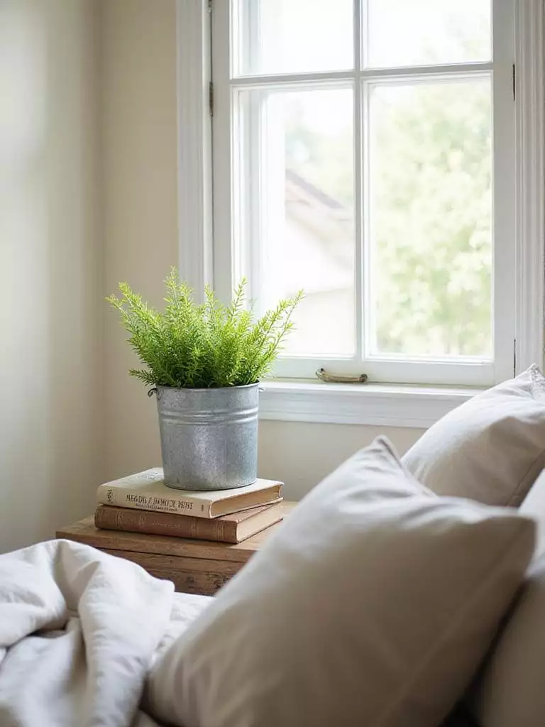 Farmhouse bedroom with galvanized metal planter on bedside table