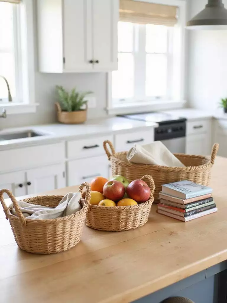 Kitchen island decorated with woven baskets holding linens, fruit, and cookbooks.