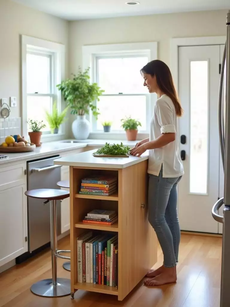 Slim kitchen island with storage shelves in a small modern kitchen