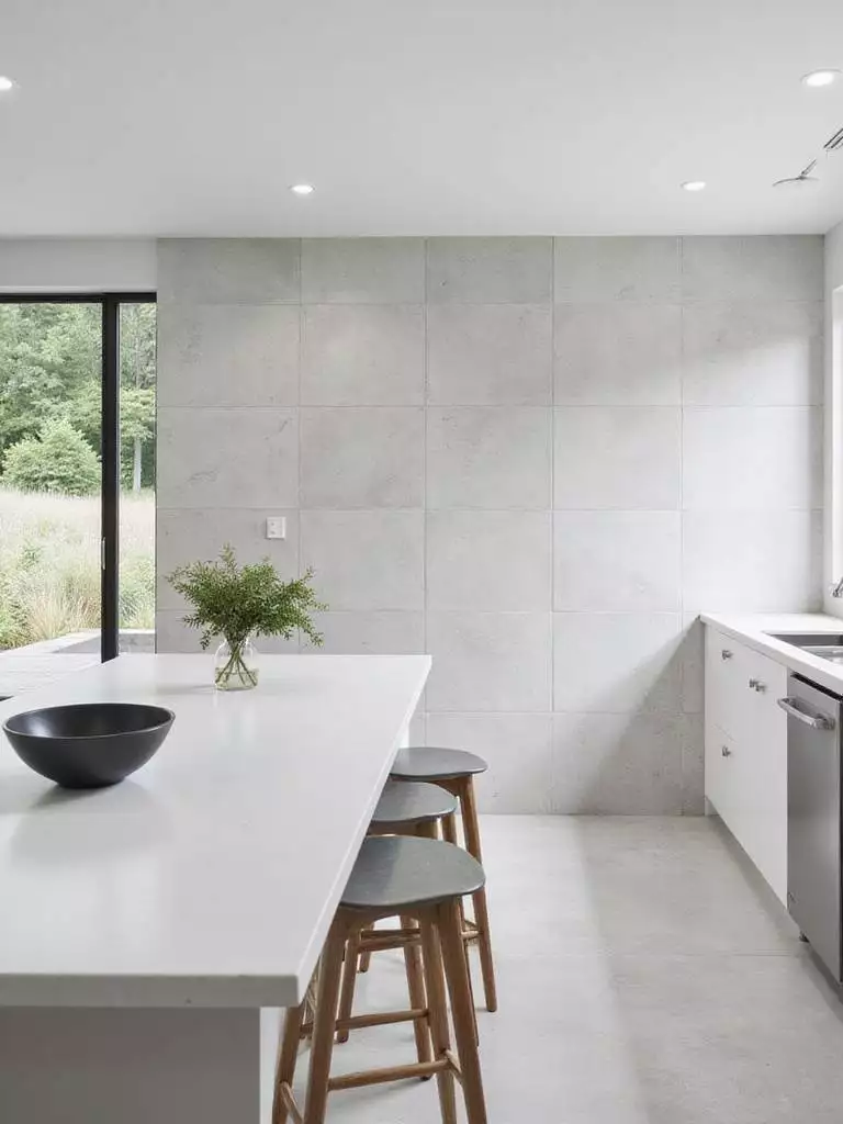Contemporary kitchen backsplash featuring large format concrete-look tiles.
